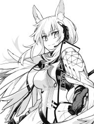 Rule 34 | 1girl, animal ear fluff, animal ears, arknights, armor, breasts, character name, clothes writing, commentary, greyscale, headset, highres, horse ears, implied extra ears, large breasts, long hair, looking at viewer, monochrome, nearl (arknights), nearl the radiant knight (arknights), official alternate costume, outstretched hand, pauldrons, revision, shoulder armor, simple background, solo, twitter username, upper body, white background, wings, yom (ymayma00ss)