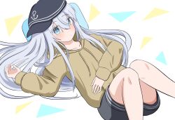 Rule 34 | 1girl, alternate costume, anchor symbol, black shorts, blue eyes, blue headwear, blush, casual, closed mouth, collarbone, commentary, drawstring, feet out of frame, hair between eyes, head on pillow, hibiki (kancolle), highres, hood, hood down, hoodie, kantai collection, long hair, long sleeves, looking at viewer, lying, on back, pillow, shirasu (sirasuillust), shorts, simple background, solo, white hair, yellow hoodie