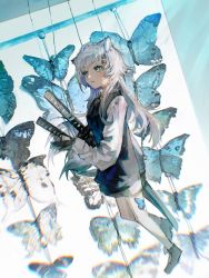 Rule 34 | 1girl, abulb, animal, animal ears, arknights, black footwear, black gloves, black ribbon, black vest, bug, butterfly, collared shirt, commentary request, gloves, grey eyes, grey hair, hair ornament, hairclip, highres, insect, katana, lappland (arknights), long hair, long sleeves, looking away, neck ribbon, procreate (medium), ribbon, scar, scar across eye, sheath, sheathed, shirt, shoes, short shorts, shorts, solo, standing, sword, very long hair, vest, weapon, white shirt, white shorts