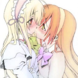Rule 34 | 2girls, album cover, blonde hair, blush, bow, cover, eye contact, eyebrows, eyelashes, female focus, headband, kiss, long hair, looking at another, lowres, multiple girls, orange hair, shirt, simple background, white background, yuri