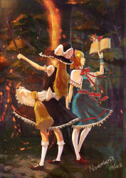 Rule 34 | 2girls, alice margatroid, blonde hair, blue eyes, book, braid, capelet, doll, female focus, forest, hairband, hat, highres, jeanex, kirisame marisa, long hair, multiple girls, nature, pantyhose, short hair, touhou, witch, witch hat, yellow eyes