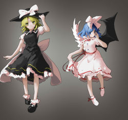 Rule 34 | 2girls, absurdres, angel wings, ankle ribbon, asymmetrical wings, black dress, black footwear, black headwear, black wings, blonde hair, blouse, blue eyes, blue hair, bow, buttons, closed mouth, collared dress, demon wings, dress, feathered wings, frilled dress, frills, full body, gradient background, hair bow, hand on headwear, hand up, hat, hat bow, highres, leg ribbon, looking at viewer, mai (touhou), medium hair, multiple girls, parted bangs, puffy short sleeves, puffy sleeves, red neckwear, red ribbon, ribbon, sancking (fatekl), sash, shirt, short hair, short sleeves, sidelocks, sideways glance, skirt hold, touhou, touhou (pc-98), undershirt, white bow, white dress, white legwear, white sash, white shirt, white wings, wings, yellow eyes, yuki (touhou)