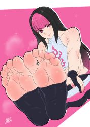 Rule 34 | 1girl, barefoot, commission, feet, fingerless gloves, foot focus, gloves, han juri, highres, k.ty (amejin), long hair, looking at viewer, nail polish, no shoes, sitting, soles, solo, street fighter, street fighter v, toenail polish, toenails, toes