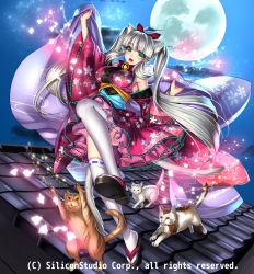 Rule 34 | 1girl, animal ears, bell, neck bell, bow, cat, cat ears, cat tail, collar, company name, full body, green eyes, grey hair, gyakushuu no fantasica, japanese clothes, long hair, moon, night, official art, open mouth, petals, ryuki@maguro-ex, sandals, solo, tail, thighhighs, twintails