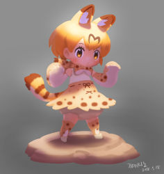 Rule 34 | 10s, 1girl, animal ears, blush, bow, bowtie, closed mouth, commentary request, elbow gloves, gloves, grey background, hands up, high-waist skirt, kemono friends, legs apart, looking at viewer, orange eyes, orange hair, orange skirt, orange thighhighs, paw pose, roonhee, serval (kemono friends), serval print, serval tail, short hair, simple background, skirt, solo, standing, striped tail, tail, thighhighs