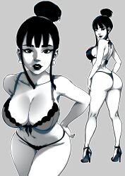 Rule 34 | 1girl, ass, bra, breasts, chi-chi (dragon ball), cleavage, dragon ball, earrings, high heels, highres, jewelry, large breasts, lipstick, looking at viewer, makeup, mozartav, thong, underwear