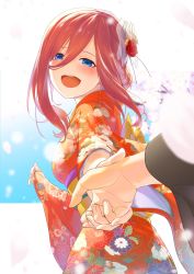 Rule 34 | 1girl, 1other, :d, blue eyes, blurry, blush, bokeh, bow, cherry blossoms, depth of field, floral print, ganko-chan (shashaneko123), go-toubun no hanayome, hair between eyes, hair bow, half-closed eyes, highres, holding hands, japanese clothes, kimono, long hair, looking at viewer, looking back, nakano miku, obi, open mouth, petals, pinching sleeves, red hair, red kimono, sash, sidelocks, smile, solo focus, wide sleeves