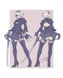 Rule 34 | 1girl, 2b (nier:automata), artist name, black blindfold, black dress, black gloves, blindfold, breasts, cleavage, commentary, dress, frilled sleeves, frills, front-to-back, fruitisa, gloves, hairband, high heels, highres, katana, medium breasts, nier:automata, nier (series), short hair, solo, sword, weapon, white background, white hair