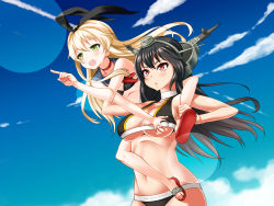 Rule 34 | 10s, 2girls, bare shoulders, bikini, black bikini, black hair, blonde hair, blush, grabbing another&#039;s breast, breasts, carrying, cleavage, grabbing, green eyes, hair ornament, hair ribbon, highres, kantai collection, large breasts, long hair, multiple girls, nagato (kancolle), navel, open mouth, personification, piggyback, pointing, red eyes, ribbon, sandals, shimakaze (kancolle), shirihime, shoulder carry, small breasts, smile, swimsuit