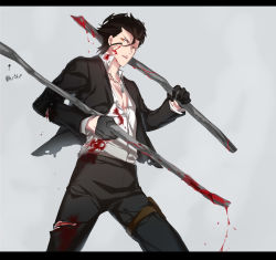 Rule 34 | 1boy, black hair, blood, diarmuid ua duibhne (lancer) (fate), fate/zero, fate (series), formal, gloves, highres, jewelry, letterboxed, male focus, mole, mole under eye, necklace, short hair, solo, suit, ycco (estrella)