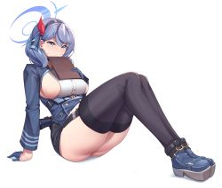 Rule 34 | 1girl, :&lt;, absurdres, ako (blue archive), arm support, bad id, bad pixiv id, black skirt, black thighhighs, blue archive, blue eyes, blue footwear, blue gloves, blue hair, blue hairband, blue jacket, blush, breasts, buttons, clipboard, closed mouth, double-breasted, earrings, full body, garter straps, gloves, gun, hairband, half gloves, halo, handgun, highres, holding, holding clipboard, holstered, invisible floor, jacket, jewelry, knees up, large breasts, legs together, long sleeves, looking away, luger p08, medium hair, miniskirt, mung (larnec), platform footwear, shirt, sideboob, simple background, sitting, skirt, sleeveless, sleeveless shirt, solo, stud earrings, thighhighs, thighs, two-tone footwear, v-shaped eyebrows, weapon, white background, white shirt