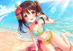 Rule 34 | 10s, 1girl, arm support, barefoot, beach, bikini, blue sky, blush, breasts, brown hair, cloud, dutch angle, earrings, emyuu, feet, female focus, green nails, hair ornament, hair ribbon, horizon, jewelry, looking at viewer, love live!, love live! school idol project, nail polish, natsuiro egao de 1 2 jump!, navel, necklace, ocean, outdoors, red eyes, ribbon, sand, short hair, short twintails, sitting, sky, small breasts, solo, star (symbol), star earrings, swimsuit, toes, twintails, yazawa nico