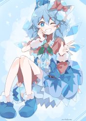 Rule 34 | 1girl, :d, ;d, ahoge, arm warmers, artist name, bad id, bad twitter id, bloomers, blue bow, blue dress, blue eyes, blue footwear, blue hair, blush, boots, bow, brown bow, brown capelet, buttons, capelet, cirno, commentary, diamond-shaped pupils, diamond (shape), diamond button, dress, full body, fur trim, hair between eyes, hair bow, hands up, highres, ice, ice wings, knees together feet apart, knees up, looking at viewer, medium hair, one eye closed, open mouth, smile, solo, symbol-shaped pupils, touhou, umemaro (siona0908), underwear, v, white bloomers, wings