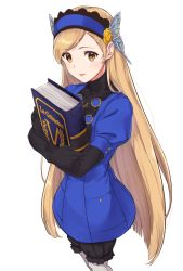 Rule 34 | 1girl, black gloves, black hairband, black shorts, blonde hair, blue dress, blue hairband, book, dress, elbow gloves, gloves, hairband, holding, holding book, lavenza (persona 5), light blush, long hair, looking at viewer, multicolored hairband, parted lips, persona, persona 5, short dress, shorts, shorts under dress, simple background, solo, standing, swept bangs, very long hair, white background, yellow eyes, yuuri (orz commushows)
