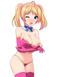Rule 34 | 1girl, ahoge, bad id, bad pixiv id, bare shoulders, blonde hair, blue bow, blue bowtie, blue eyes, blush, bow, bowtie, bra, breasts, commentary request, cowboy shot, dot nose, elbow gloves, embarrassed, gloves, large breasts, looking at viewer, navel, nipples, one breast out, one eye closed, open mouth, original, panties, pink bra, pink panties, pink thighhighs, short hair, simple background, solo, standing, thighhighs, totokichi, twintails, underwear, white background