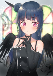 Rule 34 | 1girl, :o, absurdres, artist name, artist request, bare shoulders, black bow, black dress, black gloves, black thighhighs, black wings, blue hair, blush, bow, breasts, buttons, cleavage, collarbone, dress, elbow gloves, female focus, frilled dress, frills, gloves, hair bun, highres, indoors, long hair, looking at viewer, love live!, love live! school idol festival, love live! sunshine!!, medium breasts, bowtie, parted lips, purple eyes, single hair bun, smile, snya, snya (pixiv17390904), solo, thighhighs, tsushima yoshiko, wings
