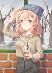Rule 34 | 1girl, arm up, bare tree, beanie, black skirt, blush, brick wall, brown hair, cha chya, commentary, cowboy shot, cup, disposable cup, drinking straw, earrings, frappuccino, grey eyes, grey hat, grey shirt, hair between eyes, hat, highres, holding, holding cup, indoors, jewelry, long sleeves, looking at viewer, original, shirt, short hair, skirt, smile, snow, solo, standing, stud earrings, tree, window