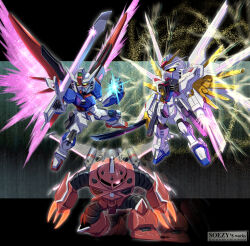 Rule 34 | artist logo, beam saber, chibi, commentary request, destiny gundam spec ii, dual wielding, energy sword, energy wings, full body, glowing, glowing eye, glowing hand, green eyes, gundam, gundam seed, gundam seed freedom, highres, holding, holding sword, holding weapon, legs apart, light particles, looking at viewer, mecha, mecha focus, mechanical wings, mighty strike freedom gundam, mobile suit, no humans, on one knee, one-eyed, over shoulder, red eyes, robot, science fiction, sd gundam, soezy, sword, v-fin, weapon, weapon over shoulder, wings, yellow eyes, z&#039;gok (seed)