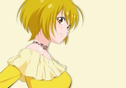 Rule 34 | 1girl, ahoge, bare shoulders, blonde hair, brown eyes, choker, closed mouth, collarbone, eyelashes, from side, fuchi (nightmare), hugtto! precure, kagayaki homare, off-shoulder shirt, off shoulder, precure, shiny skin, shirt, short hair, simple background, smile, solo, upper body, white background, yellow shirt