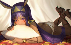 Rule 34 | 1girl, animal ears, ass, bikini, blush, bracelet, chain, closed mouth, dark-skinned female, dark skin, detached collar, earrings, egyptian, egyptian clothes, eyeliner, facepaint, facial mark, fate/grand order, fate (series), feet, feet up, hairband, hoop earrings, jackal ears, jewelry, legs, long hair, looking at viewer, lying, makeup, nitocris (fate), on stomach, pillow, purple eyes, purple hair, sandals, sidelocks, sion (9117), solo, swimsuit, the pose, thighs, usekh collar, very long hair, white bikini