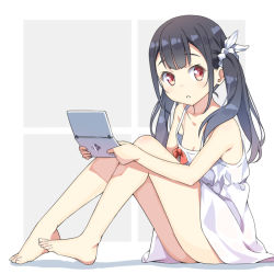 Rule 34 | 1girl, bare arms, bare legs, bare shoulders, barefoot, black hair, blush, bow, breasts, chinese commentary, collarbone, commentary request, dress, full body, hair ornament, hair ribbon, hair scrunchie, handheld game console, hatsunatsu, holding, knees up, long hair, looking at viewer, original, parted lips, red bow, red eyes, ribbon, scrunchie, sitting, sleeveless, sleeveless dress, small breasts, solo, twintails, white dress, white ribbon, white scrunchie