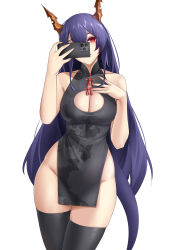 Rule 34 | 1girl, absurdres, arknights, black thighhighs, breasts, casperrin, ch&#039;en (arknights), china dress, chinese clothes, cleavage, cleavage cutout, clothing cutout, covered navel, dragon girl, dragon horns, dragon tail, dress, highres, horns, large breasts, pelvic curtain, purple hair, red eyes, selfie, short dress, side slit, simple background, solo, tail, thighhighs, thighs, white background