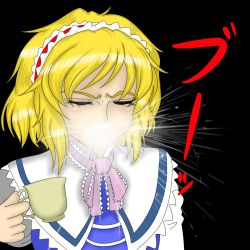 Rule 34 | 1girl, alice margatroid, bad id, bad pixiv id, blonde hair, capelet, cup, closed eyes, highres, kaigun bakuryou, parody, short hair, simple background, sketch, solo, spit take, spitting, tantei monogatari, teacup, touhou, translation request