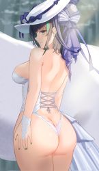 Rule 34 | 1girl, ass, azur lane, bare shoulders, breasts, brown hair, butt crack, cheshire (azur lane), from behind, green eyes, green hair, hat, highres, huge ass, kuwahara taiki, large breasts, long hair, looking at viewer, multicolored hair, shiny skin, short hair, sideboob, smile, solo, thick thighs, thighs, two-tone hair