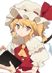 Rule 34 | 1girl, alternate eye color, ascot, blonde hair, book, brown eyes, buttons, closed mouth, collared shirt, commentary request, crystal, dress, flandre scarlet, frills, grey hat, grey shirt, hair between eyes, hands up, hat, hat ribbon, highres, jewelry, kozomezuki, looking to the side, mob cap, one-hour drawing challenge, one side up, open book, orange ascot, puffy short sleeves, puffy sleeves, red dress, red ribbon, ribbon, shirt, short hair, short sleeves, simple background, solo, standing, touhou, white background, wings, wrist cuffs