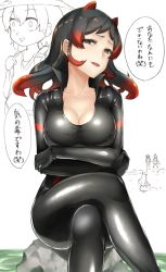 Rule 34 | &lt;o&gt; &lt;o&gt;, 10s, 1girl, animal ears, backpack, bag, black bodysuit, black eyes, black gloves, black hair, bodysuit, breast hold, breasts, cleavage, collarbone, crossed legs, eyelashes, gloves, half-closed eyes, hat, hippopotamus (kemono friends), kaban (kemono friends), kemono friends, large breasts, latex, latex suit, leather, long hair, looking at viewer, medium breasts, multicolored hair, pinta (ayashii bochi), red hair, serval (kemono friends), serval tail, shiny clothes, sitting, sketch, smile, solo focus, speech bubble, tail, translation request, triangle mouth, two-tone hair, v-neck, white background