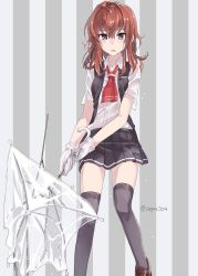 Rule 34 | 10s, 1girl, arashi (kancolle), black socks, blush, commentary, gloves, grey background, kantai collection, kneehighs, neckerchief, parted lips, pleated skirt, purple eyes, red hair, school uniform, shoes, skirt, socks, solo, standing, striped, striped background, sugue 304, transparent, transparent umbrella, twitter username, umbrella, vest, wet, wet clothes