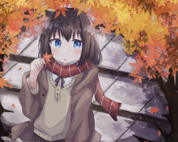 Rule 34 | 1girl, :c, autumn, autumn leaves, black ribbon, black skirt, blue eyes, blush, brown hair, brown jacket, collared jacket, colon br, grey sweater, hair between eyes, hand up, highres, holding, holding leaf, jacket, leaf, long sleeves, looking at viewer, maple leaf, medium hair, neck ribbon, open clothes, open jacket, original, raised eyebrows, red scarf, ribbon, scarf, sidelocks, sitting, skirt, solo, stairs, sweater, upper body
