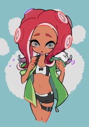 Rule 34 | 1girl, bikini, bikini shorts, black bikini, blue background, blush stickers, breasts, carrying, cat, cleavage, commentary, cropped legs, dark-skinned female, dark skin, flying sweatdrops, green jacket, grey background, jacket, kitten, li&#039;l judd (splatoon), navel, nintendo, octoling, octoling girl, octoling player character, open clothes, open jacket, paw print, pointy ears, puff of air, red hair, shorts, sigh, small breasts, solo, splatoon (series), splatoon 2, splatoon 2: octo expansion, suction cups, swimsuit, tentacle hair, thigh gap, thigh strap, ueda kou, undressing