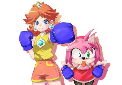 Rule 34 | 2girls, amy rose, bent over, boxing gloves, breasts, brown hair, crown, dress, earrings, flower earrings, gem, green eyes, grin, headband, jewelry, looking at viewer, mario &amp; sonic at the olympic games, mario (series), multiple girls, nintendo, pink hair, princess daisy, sega, short hair, shorts, smile, sonic (series), super mario land, tongue