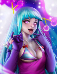 Rule 34 | 1girl, blue hair, breasts, cherry, cleavage, dress, elbow gloves, food, fruit, gloves, highres, long hair, me!me!me!, meme (me!me!me!), open mouth, pink dress, pink eyes, rmilart, solo, tongue, tongue out