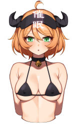 Rule 34 | 1girl, :o, ahoge, arknights, bare shoulders, bell, bikini, black bikini, black choker, blush, breasts, choker, collarbone, commentary request, covered erect nipples, croissant (arknights), cropped torso, green eyes, hair between eyes, hair intakes, hanenosaki, highres, horns, large breasts, looking at viewer, neck bell, orange hair, parted lips, short hair, simple background, skindentation, solo, stomach, swimsuit, translation request, upper body, visor cap, white background