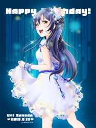 Rule 34 | 10s, 1girl, 2019, arm up, birthday, blue hair, blush, character name, commentary request, cowboy shot, dated, dress, english text, flower, from behind, hair between eyes, hair flower, hair ornament, happy birthday, long hair, looking at viewer, love live!, love live! school idol festival, love live! school idol project, open mouth, robiari, short sleeves, skirt, skirt hold, smile, solo, sonoda umi, standing, white dress