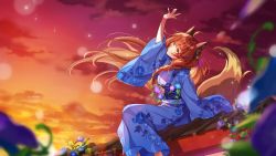 Rule 34 | 1girl, animal ears, arm up, blue flower, blue kimono, blurry, blurry foreground, braid, brown hair, dusk, floral print, flower, fox ears, fox girl, fox tail, fumi (nijisanji), gradient sky, japanese clothes, kimono, long hair, long sleeves, nijisanji, obi, print kimono, purple flower, red sky, sash, shinishi chiho, sitting, sky, solo, tail, virtual youtuber, wide sleeves
