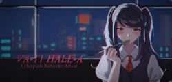 Rule 34 | 1girl, bartender, black hair, blush, cityscape, copyright name, eating, iygoo, jill stingray, juliet sleeves, long sleeves, medium hair, necktie, night, puffy sleeves, red eyes, red necktie, solo, spoon, swept bangs, twintails, va-11 hall-a, vest, window