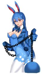 Rule 34 | 1girl, :d, animal ears, azumarill, bad id, bad twitter id, blue hair, blush, breasts, chain, cleavage, collarbone, creatures (company), cropped legs, detached collar, earrings, game freak, gen 2 pokemon, grey eyes, jewelry, katagiri hachigou, leotard, long hair, nintendo, open mouth, pantyhose, personification, playboy bunny, pokemon, rabbit tail, simple background, smile, solo, tail, white background, wrist cuffs