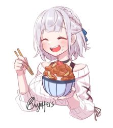 Rule 34 | 1girl, artist name, blush, bowl, braid, breasts, chopsticks, commentary, crown braid, english commentary, food, food on face, gyuudon, hair behind ear, highres, holding, holding bowl, holding chopsticks, hololive, large breasts, open mouth, rice, rice on face, shirogane noel, shirogane noel (casual), short hair, silver hair, smile, solo, sweater, upper body, virtual youtuber, vyolfers, white sweater