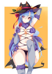 Rule 34 | 1girl, arm up, black hat, black panties, blue hair, bow, breasts, claws, cosplay, elbow gloves, fur collar, fur trim, gloves, hair over one eye, hat, highres, hinanawi tenshi, jack-o&#039;-lantern, large breasts, long hair, looking at viewer, mash kyrielight, mash kyrielight (dangerous beast), mash kyrielight (dangerous beast) (cosplay), navel, o-ring, official alternate costume, panties, purple gloves, purple thighhighs, red bow, red eyes, revealing clothes, solo, tail, tetsurou (fe+), thighhighs, touhou, two-tone background, underwear, white background, wolf tail, yellow background