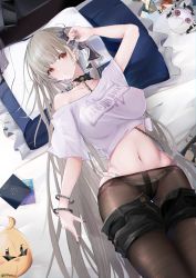 Rule 34 | 1girl, absurdres, arm up, azur lane, bad id, bad pixiv id, bed, black choker, black nails, black panties, black ribbon, black shorts, breasts, brown pantyhose, casual, cellphone, chain, character doll, choker, clothes pull, clothes writing, collarbone, commentary request, covered erect nipples, crop top, denim, denim shorts, doll, earbuds, earphones, earrings, fingernails, formidable (azur lane), frilled choker, frilled panties, frills, from above, grey hair, hair ribbon, hair spread out, highres, huge filesize, indoors, jewelry, large breasts, long fingernails, long hair, looking at viewer, lying, manjuu (azur lane), nail polish, navel, nisokurui, off-shoulder shirt, off shoulder, on back, on bed, open clothes, open shorts, panties, panties under pantyhose, pantyhose, parted lips, phone, pillow, red eyes, ribbon, unworn ribbon, see-through, shirt, short sleeves, shorts, shorts pull, single bare shoulder, smartphone, solo, stomach, stuffed animal, stuffed toy, tied shirt, twintails, twitter username, two-tone ribbon, underwear, very long hair, white ribbon, white shirt, wide sleeves, wristband