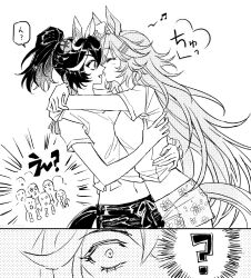 Rule 34 | 2girls, ?, animal ears, arms around neck, beamed eighth notes, breasts, closed eyes, comic, didi (whaqlrpwjd), gaze on me! outfit (umamusume), greyscale, hair ornament, hairclip, hat, horse ears, horse girl, horse tail, hug, imminent kiss, katsuragi ace (umamusume), long hair, looking at another, male swimwear, midriff, mini hat, mini top hat, monochrome, mr. c.b. (umamusume), multicolored hair, multiple girls, musical note, navel, open mouth, people, ponytail, scrunchie, shirt, short hair, short sleeves, small breasts, streaked hair, swim trunks, tail, tied shirt, top hat, umamusume, wrist scrunchie, yuri