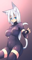 Rule 34 | 1girl, animal ear fluff, animal ears, black hair, blue eyes, bodysuit, breasts, cat ears, cat tail, fingerless gloves, gloves, gradient background, highres, large breasts, long hair, looking at viewer, navel, original, silver hair, solo, sub-res, tail, thighhighs