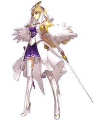Rule 34 | 1girl, ar tonelico, ar tonelico ii, blonde hair, chroche latel pastalie, elbow gloves, gloves, gust, hair ornament, high heels, long hair, looking down, purple eyes, shoes, solo, sword, weapon, wings