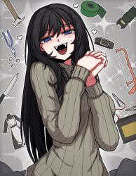 Rule 34 | 1girl, :d, black hair, blue eyes, borrowed character, breasts, collar, fangs, formicid, hammer, heart, knife, large breasts, long hair, looking at viewer, mole, mole under eye, open mouth, original, own hands together, pliers, saw, smile, solo, sweater, tape, taser, teeth, turtleneck, turtleneck sweater, unworn clothes