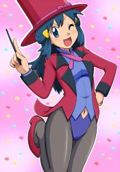 Rule 34 | 1girl, alternate costume, bad id, bad twitter id, black pantyhose, blue eyes, blue hair, blue leotard, blush, breasts, clothing cutout, confetti, cosplay, creatures (company), dawn (pokemon), formal, francesca (pokemon), game freak, hair ornament, hat, high heels, highres, jacket, jewelry, kuro hopper, leotard, long hair, long sleeves, magician, navel, navel cutout, necklace, nintendo, one eye closed, open mouth, pantyhose, pink background, pokemon, pokemon (anime), pokemon dp070, pokemon dppt (anime), red footwear, ribbon, shirt, shizue (pokemon) (cosplay), small breasts, smile, solo, standing, standing on one leg, suit, top hat, wand