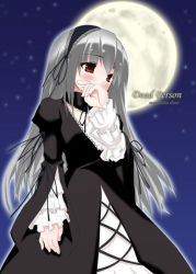 Rule 34 | 00s, 1girl, albino, arm at side, backlighting, black dress, black ribbon, blush, covering own mouth, cowboy shot, cross-laced clothes, detached collar, dress, eyebrows, frilled sleeves, frills, from below, full moon, grey hair, hairband, hand to own mouth, lace, lace-trimmed dress, lace trim, long hair, long sleeves, looking away, moon, night, night sky, no wings, pikazo, puffy long sleeves, puffy sleeves, red eyes, ribbon, rozen maiden, sky, solo, standing, star (sky), suigintou, text focus