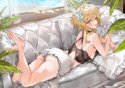 Rule 34 | 1girl, ass, bare legs, barefoot, blonde hair, breast press, breasts, couch, dorsiflexion, feet, feet up, flower, genshin impact, hair between eyes, hair flower, hair ornament, highres, legs, looking at viewer, lumine (genshin impact), lying, medium breasts, on stomach, open mouth, sideboob, soles, toes, underwear, utsuhostoria, yellow eyes